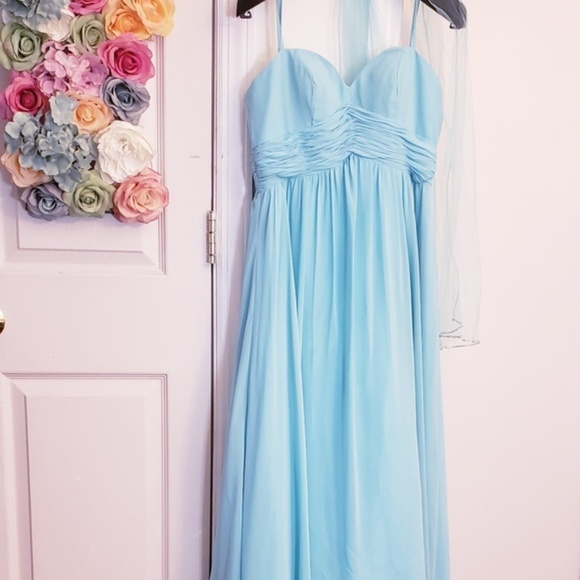 Light Blue Bridesmaid‎ Maxi Dress MEDIUM Ruched Sweetheart Lace Up DAVE & JOHNNY - Picture 1 of 9